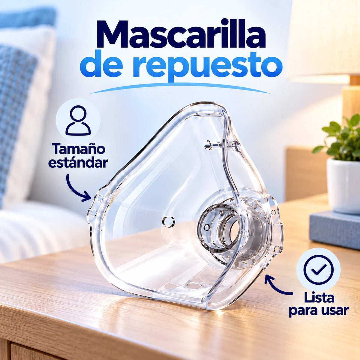 Mascarilla de recambio lista para usar sobre la mesita de noche