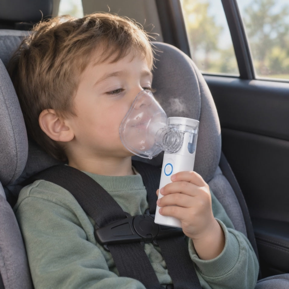 Niño usando el nebulizador Prisma Respira en su silla del coche