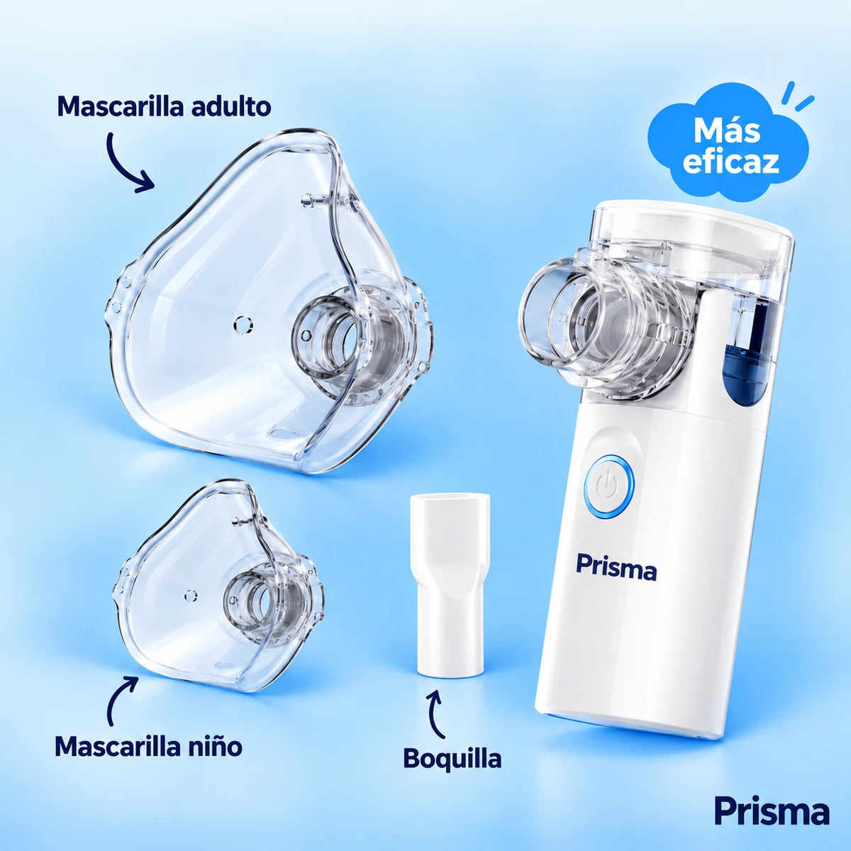 Nebulizador Prisma Respira con mascarilla para adulto, mascarilla para niño y boquilla