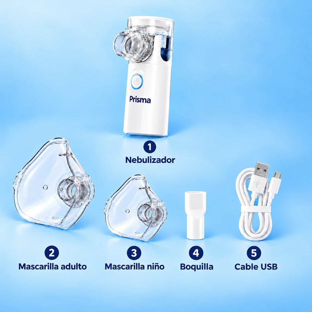 Qué incluye: nebulizador, mascarilla para adulto, mascarilla para niño, boquilla y cable USB