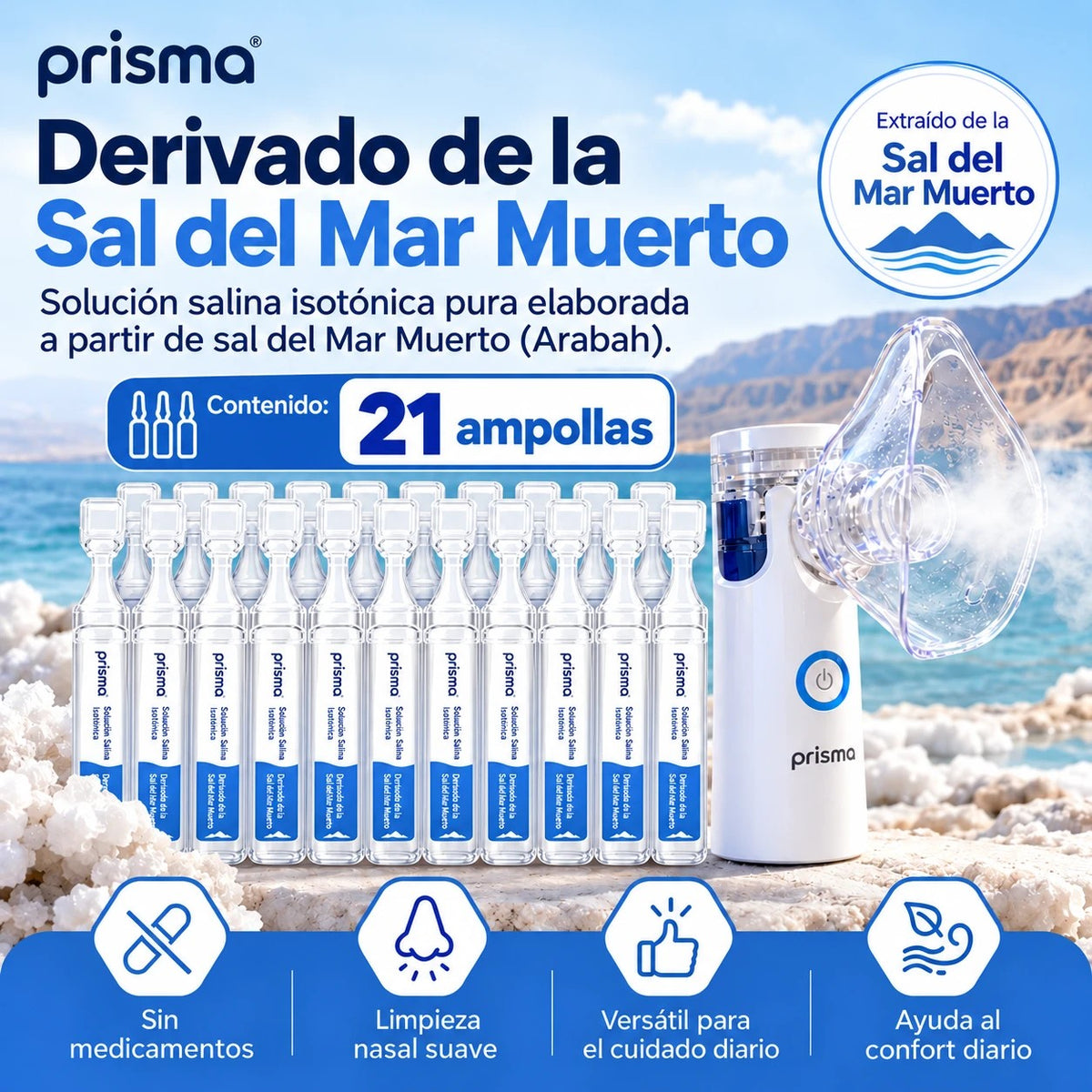 Solución salina Prisma, 21 dosis, junto al nebulizador