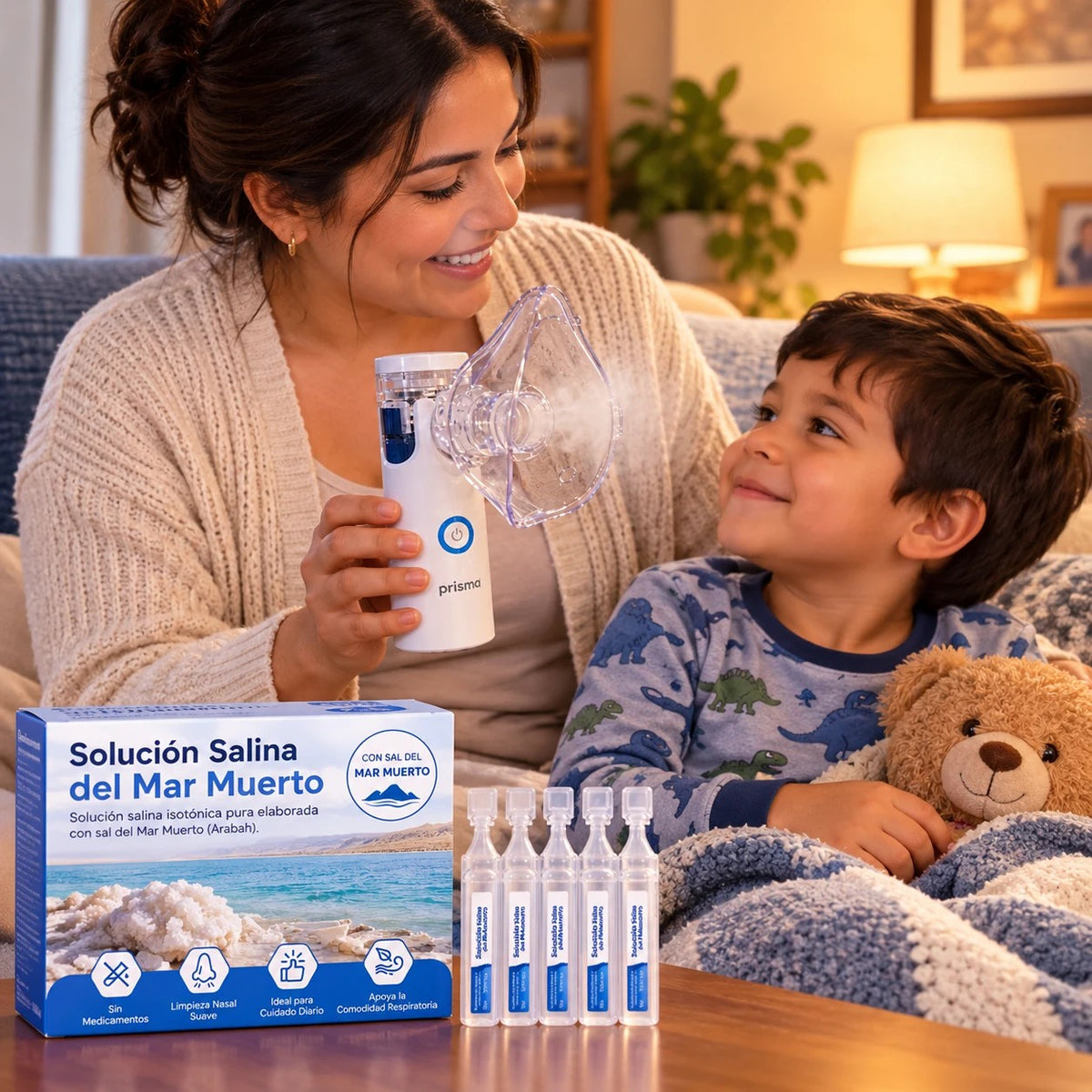 Mamá usando el nebulizador Prisma con su hijo y la solución salina